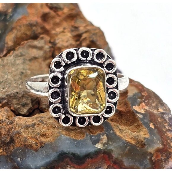Handmade Jewelry - 925 Sterling Silver Plt Square Citrine Ring Size 10 Bezel Setting Fine Jewelry